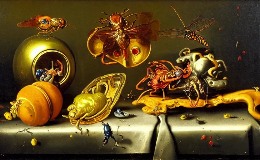 Image similar to disturbing colorful oil painting dutch golden age vanitas still life with bizarre objects strange gooey surfaces shiny metal bizarre insects rachel ruysch dali todd schorr very detailed perfect composition rule of thirds masterpiece canon 5 0 mm, cinematic lighting, photography, retro, film, kodachrome