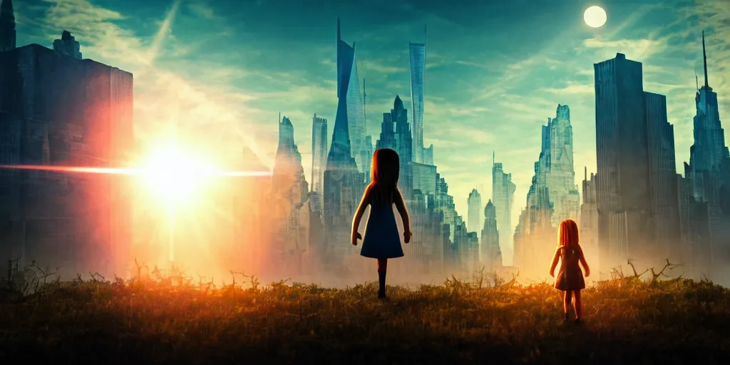 Image similar to sci - fi scene future new york cityscape, orphaned girl in manhattan holding the outstretched hand of an iron giant robot, forest punk, crepuscular rays, epic scene, hyper realistic, photo realistic, overgrowth, cinematic atmosphere, ethereal lighting,