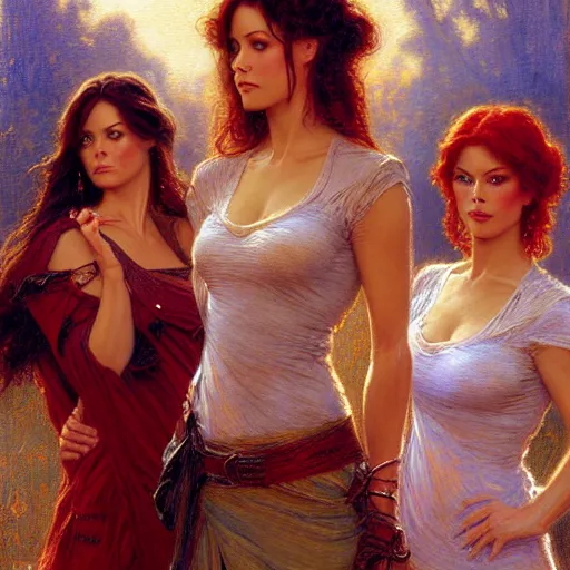 Image similar to the charmed ones tv show, prue, piper, phoebe. highly detailed painting by gaston bussiere, craig mullins, j. c. leyendecker, 8 k