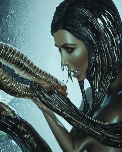 Image similar to film still of kim kardashian being fed by an xenomorph slathered in a transparent alien liquid, wet flowing hair, gooey skin, illustration, unreal engine 5, 8 k, directed by h. r. giger.