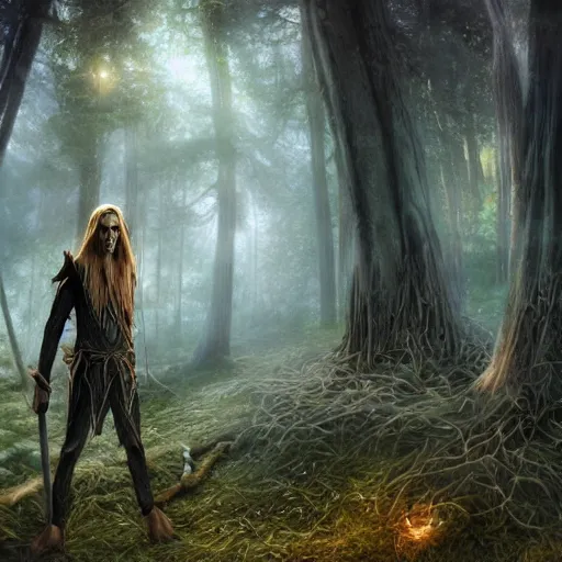 Image similar to A tall slim male wood elf fungus druid posing in a mystical forest, long blonde hair, fungi, glowing, wooden armor, magical, fantasy, medieval, highly detailed, dynamic lighting, cinematic, dramatic, sharp focus, focus on face, masterpiece, trending on artstation, concept art, digital painting