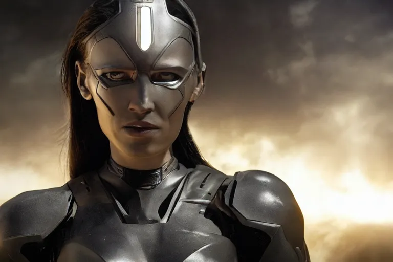 Image similar to VFX movie closeup portrait of a futuristic hero cyborg woman in black spandex armor in future city, hero pose, beautiful skin, night lighting by Emmanuel Lubezki