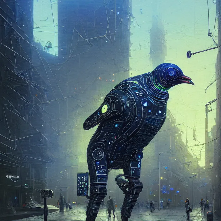 Image similar to A solarpunk very highly detailed Anthropomorphic cybertronic penguin wearing sport suit with very highly detailed face on the street of a very highly detailed solarpunk city digital impressionism art by Greg Rutkowski and Josan Gonzalez, highly detailed, digital concept art, Volumetric natural light, sharp focus, Golden Ratio illustration, realistic concept art by Stephen Hickman and James Gurney and Hiromasa Ogura Ghost in the Shell rendered in VRAY, From the distance