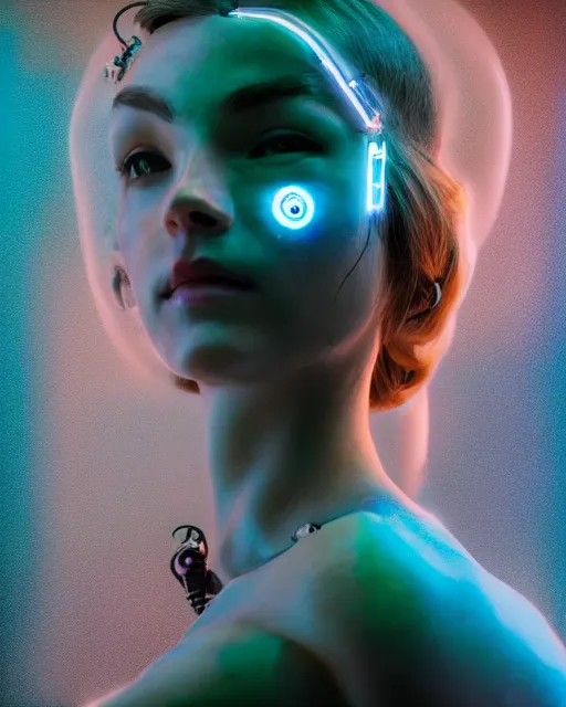 Image similar to photo of dreamy female as a solarpunk cyborg with fluorescent lamps over face, robotic body parts around neck, real human face with skin, ultra - realistic and detailed, long exposure, soft focus hdr 8 k