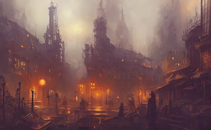 Image similar to A painting of a Steampunk City trending on artstation in the style of Greg Rutkowski