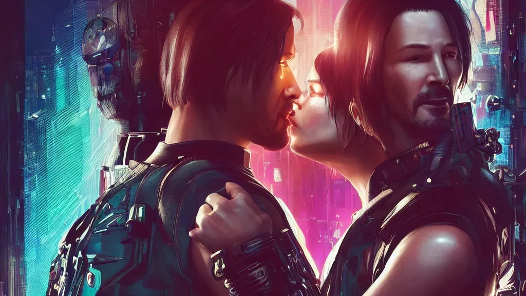 Image similar to a cyberpunk 2077 srcreenshot couple portrait of Keanu Reeves&female android in kiss,love story,film lighting,by Laurie Greasley,Lawrence Alma-Tadema,Dan Mumford,John Wick,Speed,Replicas,artstation,deviantart,FAN ART,full of color,Digital painting,face enhance,highly detailed,8K,octane,golden ratio,cinematic lighting