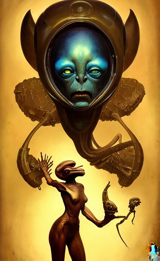 Image similar to exquisite imaginative alien creature poster art, humanoid, gold, movie art, by lucusfilm, weta studio, tom bagshaw, james jean, frank frazetta alphonso mucha, norman rockwell, giu, moebius, 8 k, denoised