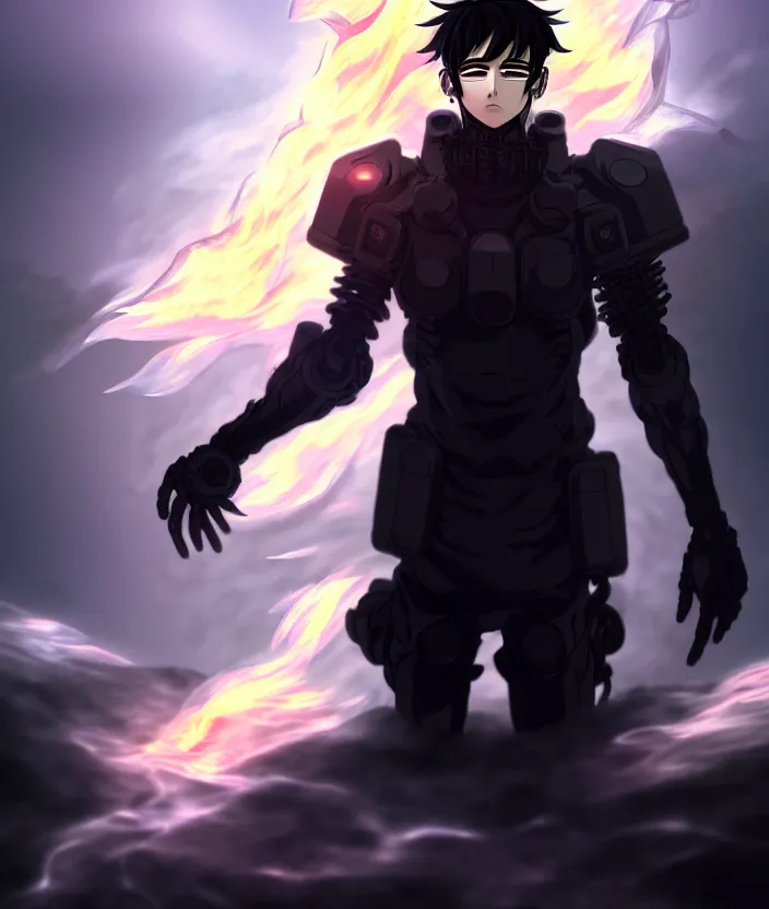 Image similar to a detailed manga illustration character full body portrait of a dark haired cyborg anime man shrouded in clouds of dark smoke and fire, trending on artstation, digital art, 4 k resolution, detailed, high quality, sharp focus, hq artwork, insane detail, concept art, character concept, character illustration, full body illustration, cinematic, dramatic lighting