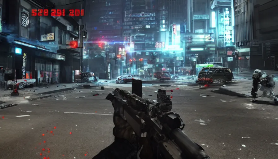 Prompt: 2020 Video Game Screenshot, Anime Neo-tokyo Cyborg bank robbers vs police, Set inside of the Bank, Open Vault, Multiplayer set-piece Ambush, Tactical Squads :19, Police officers under heavy fire, Police Calling for back up, Bullet Holes and Realistic Blood Splatter, :6 Gas Grenades, Riot Shields, Large Caliber Sniper Fire, Chaos, Akira Anime Cyberpunk, Anime Machine Gun Fire, Violent Action, Sakuga Gunplay, Shootout, :14 Quibli MToon Shader :19 , Inspired by Intruder :8 Cel Shaded by Katsuhiro Otomo: 19,