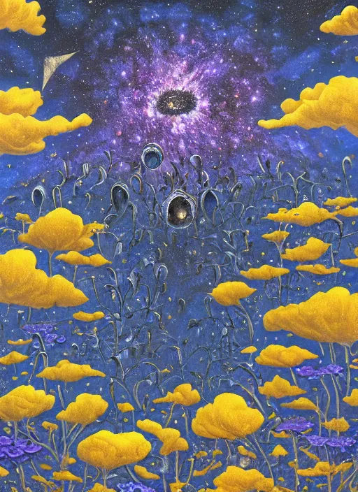 Image similar to detailed, intricate blue black and purple papaverum flower on the field, nebula, galaxy in the sky, winning award masterpiece, fantastically beautiful, illustration, aestheticly inspired, jacek yerka, upscale with anguissola sofonisba work, artstation, 8 k