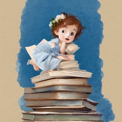 Image similar to a cute little girl with a round cherubic face, blue eyes, and short curly light brown hair sitting on top of a stack of books. beautiful 2 d cartoon painting with highly detailed face by quentin blake and greg rutkowski