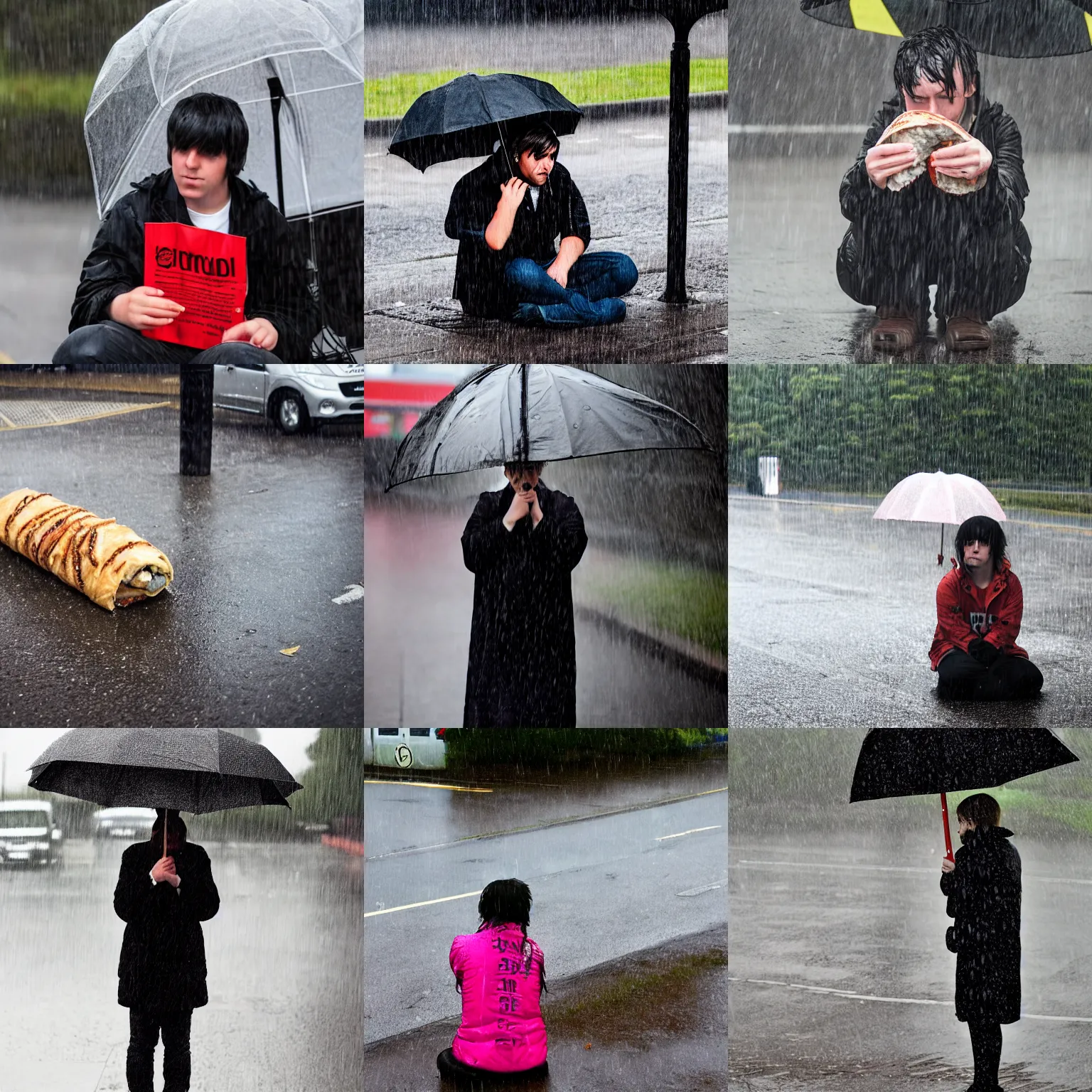 Prompt: emo sausage roll sat at a bus stop in the rain, waiting for a bus that might never arrive