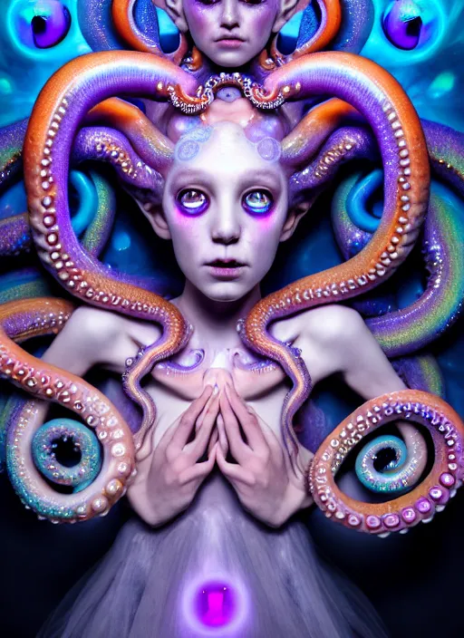 Image similar to A full shot of a cute magical monster girl wearing a dress made of opals and tentacles. Creepy Pasta. F1.4. Symmetrical. Dark Smoke and VFX. Caustics refraction. Prism light. defined facial features, symmetrical facial features. Rainbows. Soft Lighting. beautiful lighting. By Giger and Ruan Jia and Artgerm and Range Murata and WLOP and William-Adolphe Bouguereau and Loish and Lisa Frank. trending on artstation, featured on pixiv, award winning, sharp, details, intricate details, realistic, Hyper-detailed, HD, HDR, 4K, 8K.