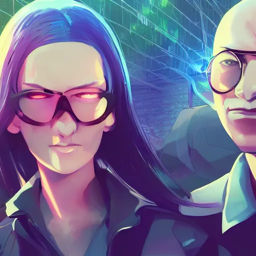 Image similar to The Wachowski Brothers as Neo and Morpheus, ambient lighting, 4k, anime key visual, lois van baarle, ilya kuvshinov, rossdraws, artstation