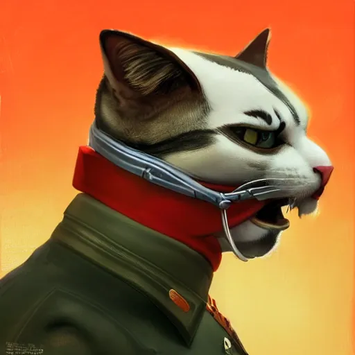 Prompt: Portrait painting an anthropomorphic cat wearing as Soviet leader, as an Overwatch character, medium shot, asymmetrical, profile picture, Organic Painting, sunny day, Matte Painting, bold shapes, hard edges, street art, trending on artstation, by Huang Guangjian and Gil Elvgren and Sachin Teng