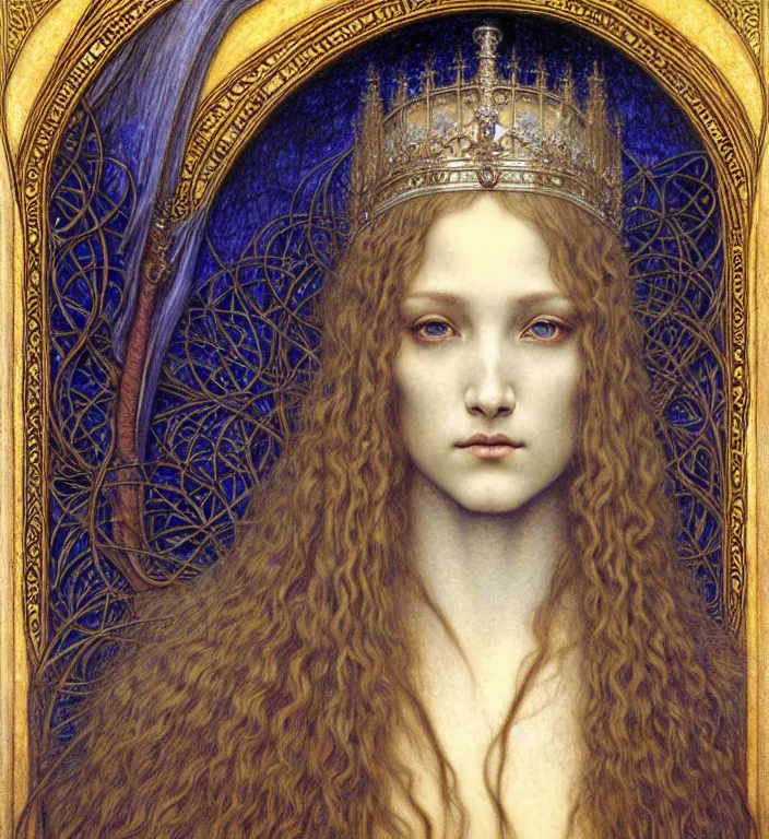 Image similar to detailed realistic beautiful young medieval queen face portrait by jean delville, gustave dore and marco mazzoni, art nouveau, symbolist, visionary, gothic, pre - raphaelite. horizontal symmetry