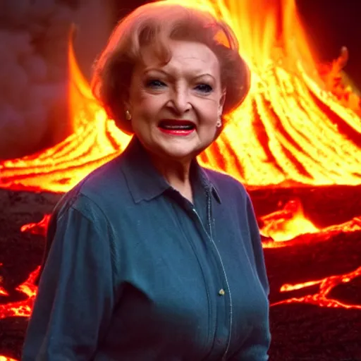 Prompt: stunning awe inspiring betty white swimming in lava with demons, movie still 8 k hdr atmospheric lighting