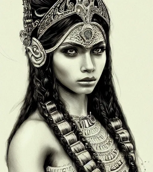 Image similar to beautiful intricate exquisite mayan princess realistic face, beautiful eyes, black and white drawing, in the style of greg rutkowski, fantasy, amazing detail, epic, intricate, elegant, smooth, sharp focus