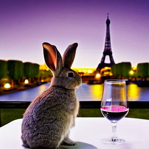 Prompt: a rabbit drinking wine in a cafe in Paris, the eiffel tower is visible in the background, it is night time, there are two humans sitting behind the rabbit