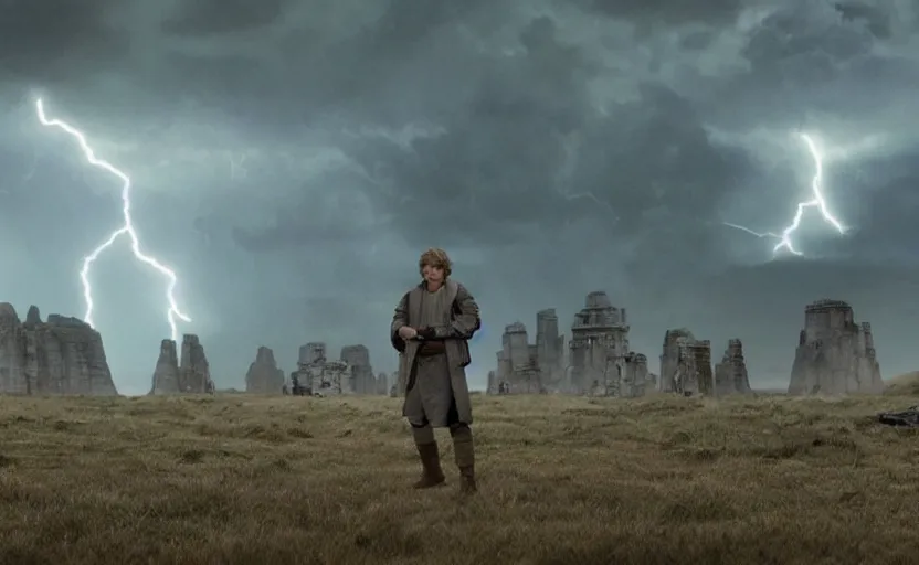 Image similar to screenshot portrait of Luke Skywalker in a windy lightning battlefield with scattered ruins of a fiery jedi rock temple, surrounded by giant AT-AT walkers, with young jedi army behind him, iconic scene from 1970s film by Stanley Kubrick, last jedi, 4k HD, cinematic lighting, beautiful portrait of Mark Hammill, moody scene, stunning cinematography, mcu effects, anamorphic lenses, kodak color film stock