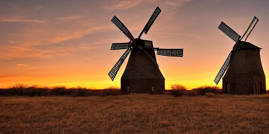 Image similar to photo of a west texas sunset, old windmill, golden hour, high quality, beautiful!!!