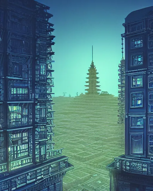 Prompt: a beautiful detailed highly detailed building unfinished building city architecture military hospital by louis kahn, apocalyptic sunlight uv light rainforest lightpaint at night studio ghibli at dusk myst at dawn retrowave synthwave nightsky cyberpunk, archdaily, wallpaper, highly detailed, trending on artstation.