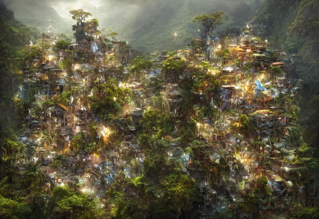 Image similar to photorealistic symetric favela rio in middle of jungle and mountains by ellen jewett, tomasz alen kopera and Justin Gerard