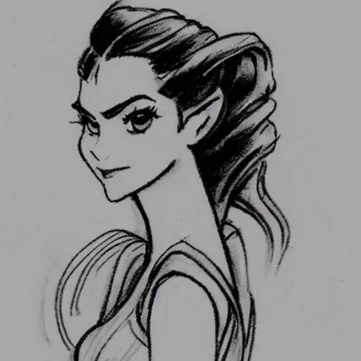 Image similar to milt kahl sketch of victoria justice with done up hair, tendrils covering face and ponytail as princess padme from star wars episode 3