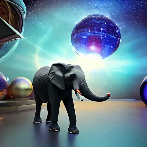 Image similar to a hyperrealistic 3D octane render of an elephant wearing an oculus rift and playing a keyboard inside of a dome planetarium with planets and galaxies, 8k, unreal engine, dramatic lighting, volumetric lighting, uplighting, ray tracing, photorealistic,