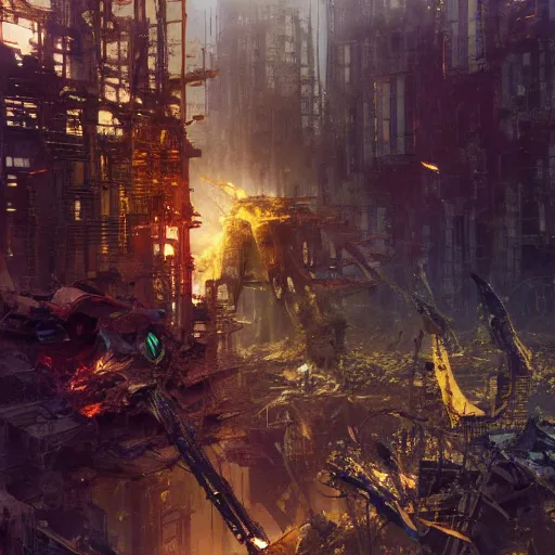 Prompt: arise from the ashes of your own creation, heed the call to service amongst the ruins of your old life, octane render, cosplay, by john berkey.