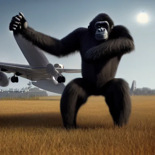 Image similar to giant gorilla destroying airplanes in a movie scene, ultra realistic unreal engine deviantart