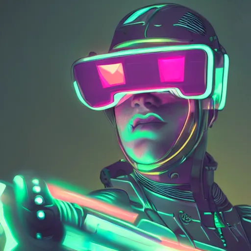 Image similar to cyberpunk concept cool cyborg bot, cinema 4 d, galaxy, ufo, space sci - fi, wearing vr goggles, illustration, portrait, pastel neon textured background night, trending on artstation, greg rutkowski, octane rendered, 1 2 k, detailed,