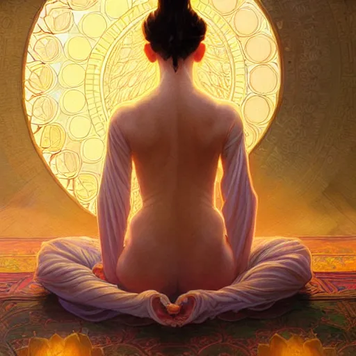 Prompt: a cat meditating in lotus position, emiting mystical light, intricate, elegant, highly detailed, my rendition, digital painting, artstation, concept art, smooth, sharp focus, radiant light, illustration, art by artgerm and greg rutkowski and alphonse mucha