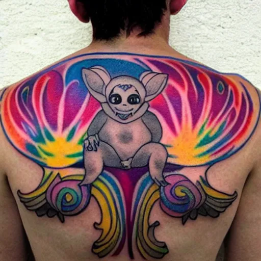 Image similar to shoulder tattoo of a multicolored hallucinating meditating cute bush baby, eyes are rainbow spirals, furry, happy mood, surrounded with colorful magic mushrooms and rainbow marihuana leaves, insanely integrate