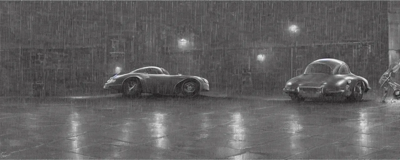 Image similar to Mysterious figure swings a heavy sledgehammer at a silver Porsche 550 with its headlights on, parked on the side of the road in the city of Cologne in the rain, by George Tooker, moody, ominous, lighting, hyper-realistic.