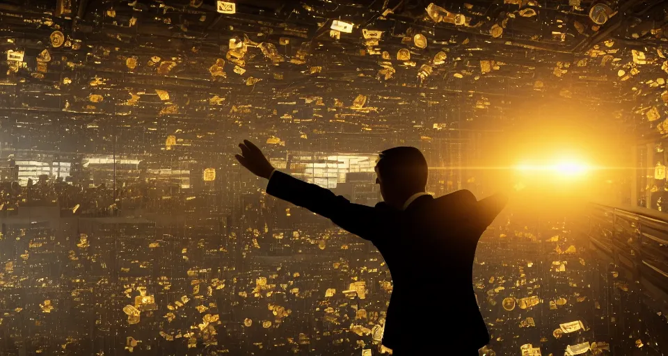 Image similar to Dramatic photo of a CEO waving goodbye to a group of silhouettes of his coworkers in a futuristic office. Golden coins are levitating all around them. 8k, high detail, trending on Artstation, volumetric lighting, cyberpunk