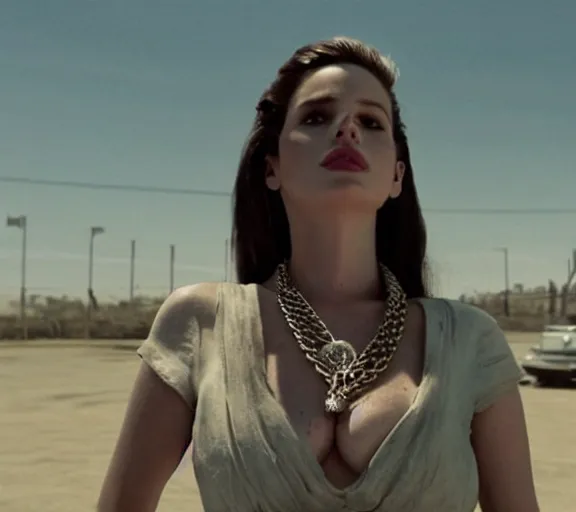 Image similar to a movie still of lana del rey as a handcuffed prisoner with a chain around her neck in the movie star wars