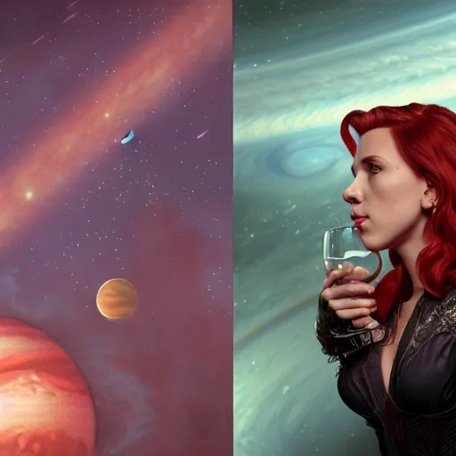 Image similar to a highly detailed matte portrait of scarlett johansson as a red haired vampire sorceress, drinking wine, standing in a space station and looking at jupiter, viewed in profile from far away, crackling green lightning, ultrawide lens, art by artgerm and greg rutkowski and alphonse mucha, volumetric lighting, octane render, 4 k resolution, trending on artstation, masterpiece