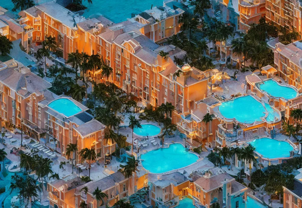 Image similar to accidentally wes anderson award - winning photograph of a beautiful hotel in a beach town, art by greg rutkowsky, trending on artstation, cinematic lighting, filmic grain, golden hour, detailed, 4 k