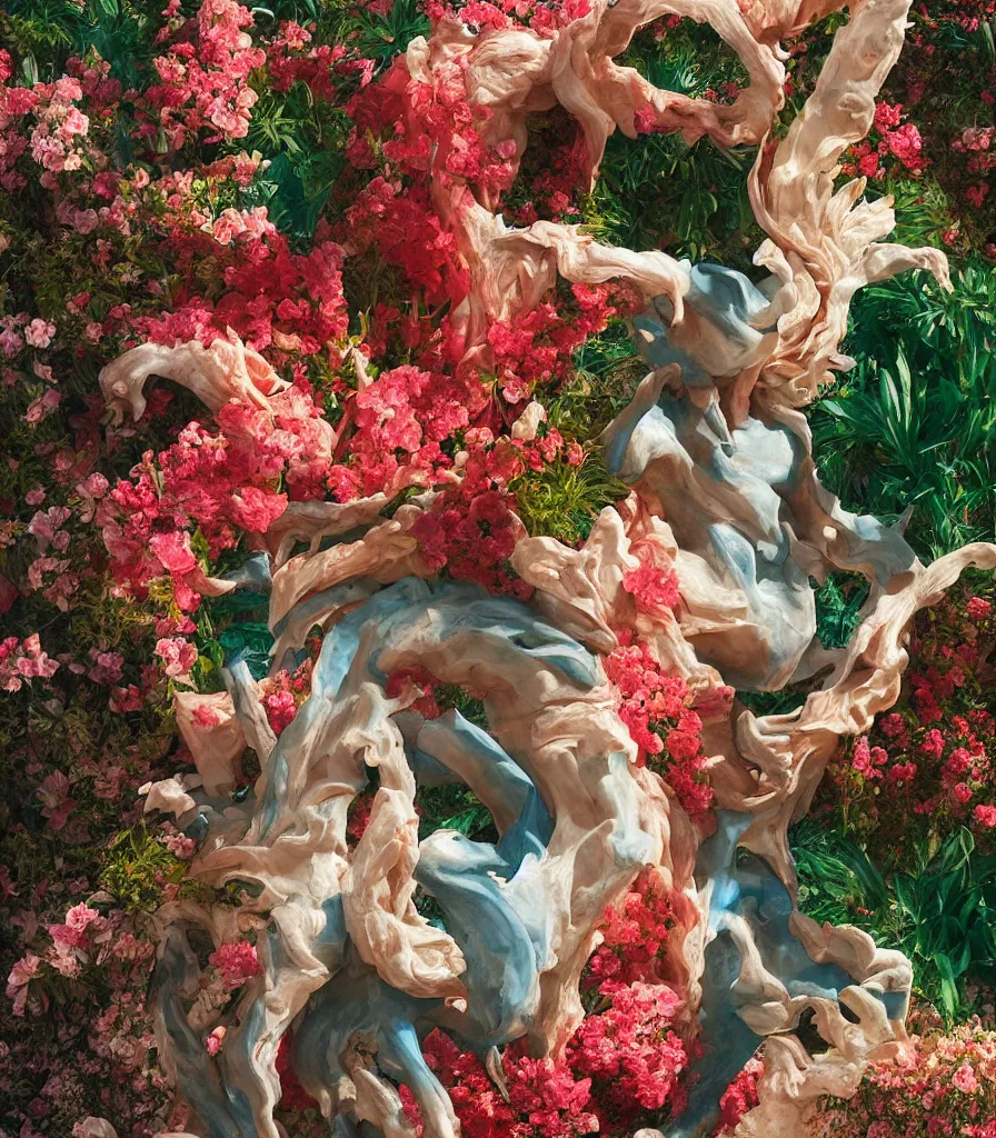 Image similar to a cowboy turning into blooms by slim aarons, by zhang kechun, by lynda benglis. tropical sea slugs, angular sharp tractor tires. complementary colors. warm soft volumetric dramatic light. national geographic. 8 k, rendered in octane, smooth gradients. sculpture by antonio canova. red accents.