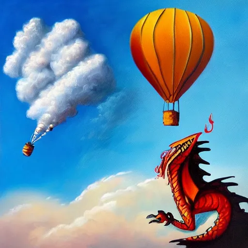 Image similar to oil painting of a hot air balloon bursting through a cloud with a dragon in the background