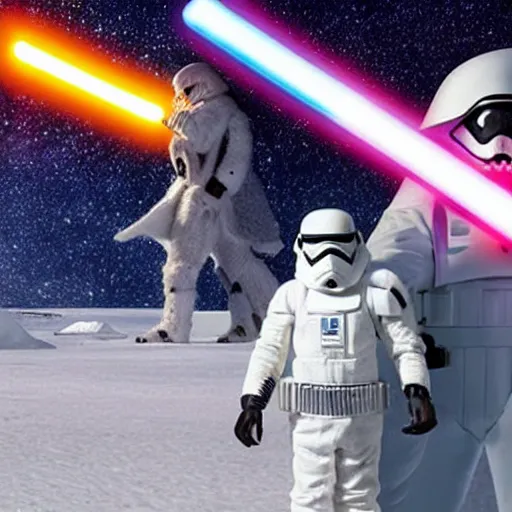 Prompt: bad bunny holding a lightsaber on planet hoth with the death star getting ready to fire from space