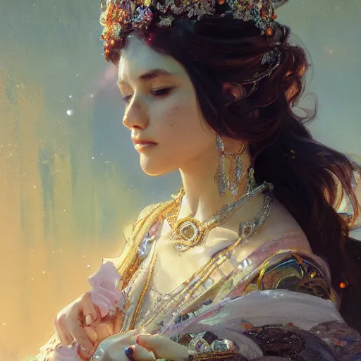 Prompt: a beautiful noami osaka, adorned with precious stones, tiara and necklace by jeremy mann and alphonse mucha, photo realistic, dynamic lighting, windy, artstation, poster, dreamy, volumetric lighting, ethereal, 4 k, high detail