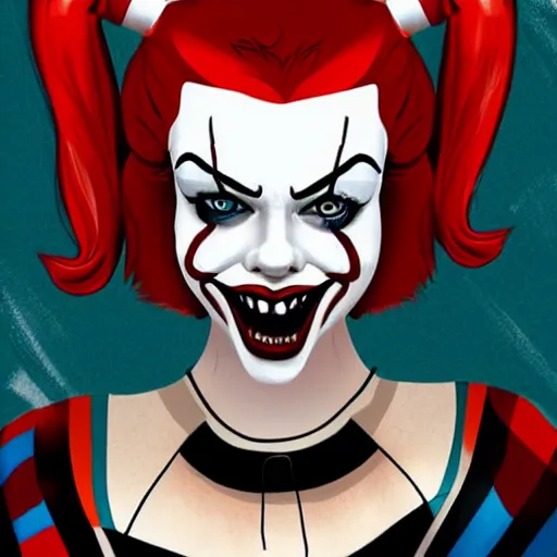 Prompt: Harley Quinn Margot Robbie in the style of pennywise, ilustration