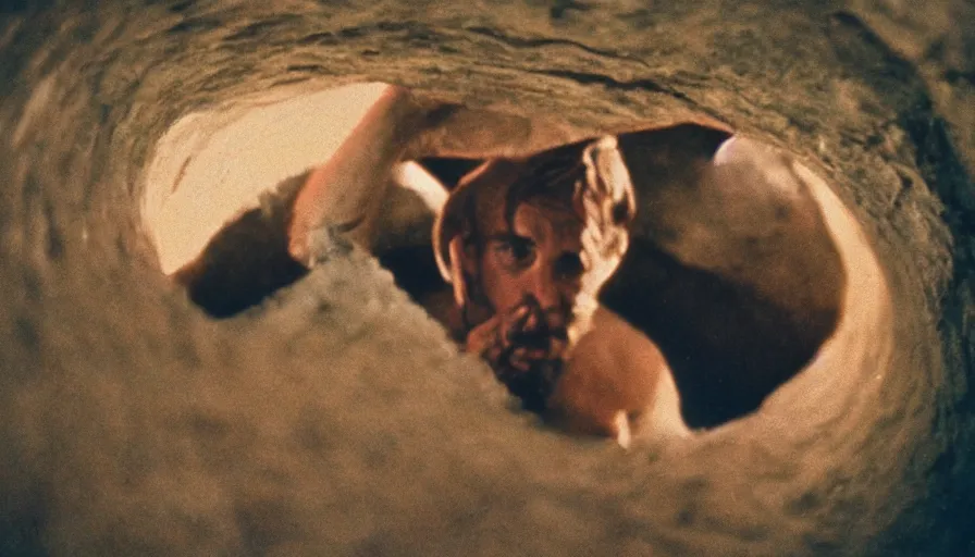 Image similar to 1 9 7 0 s movie still of a man in a barque in a fleshtunnel, cinestill 8 0 0 t