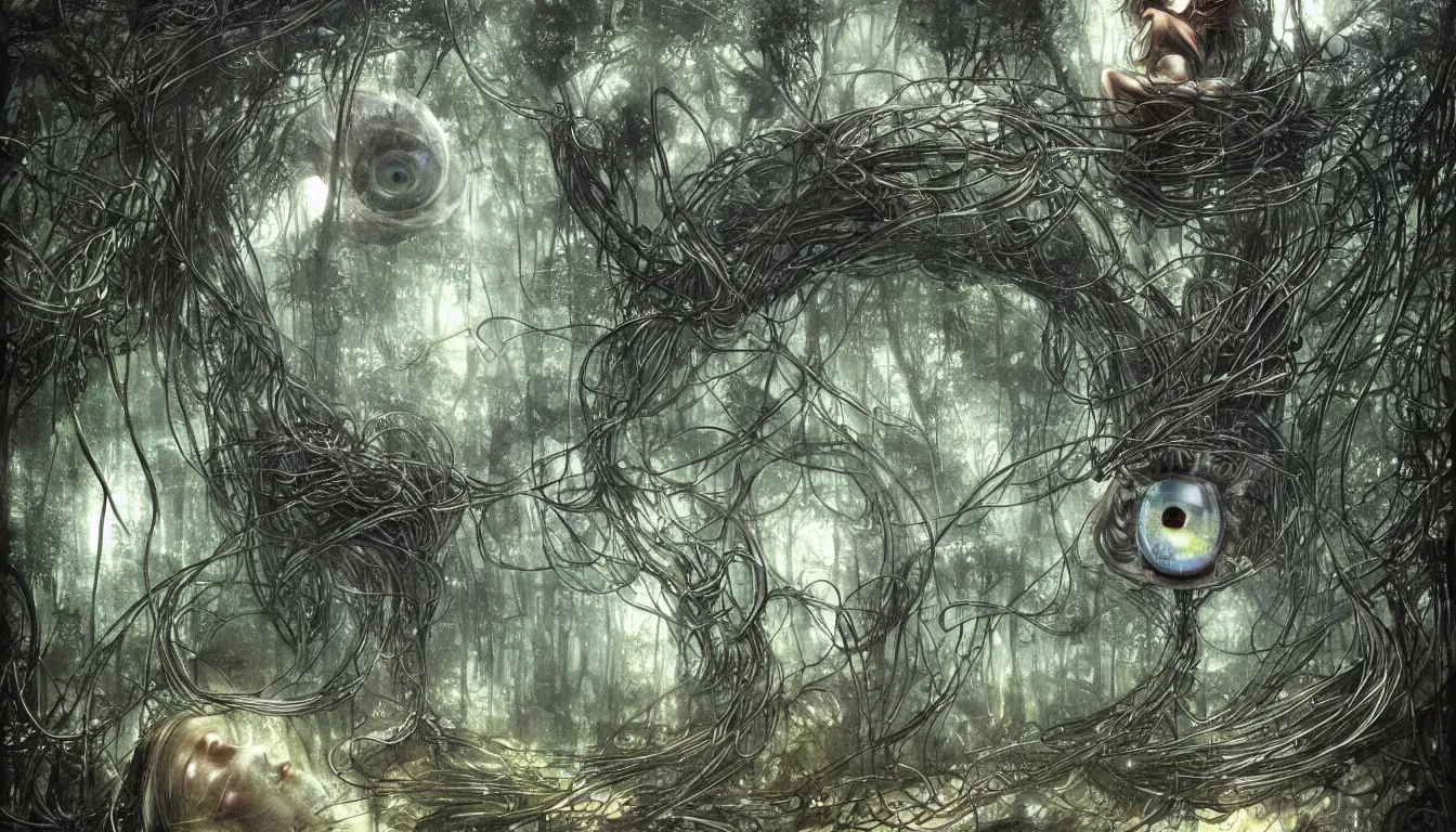Prompt: a big eye wrapped in wires floats above the ground in a dense forest, illustration by john taylor dismukes, by dave lafleur, luis royo artwork, smooth shading, ultra detailed, high resolution, cinematic, chrome art, rich deep colors, unreal 6
