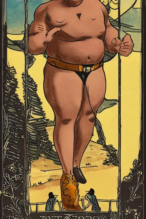 Prompt: tarot card of a (fat) shirtless cowboy, homoerotic, art deco, art nouveau, trending on artstation