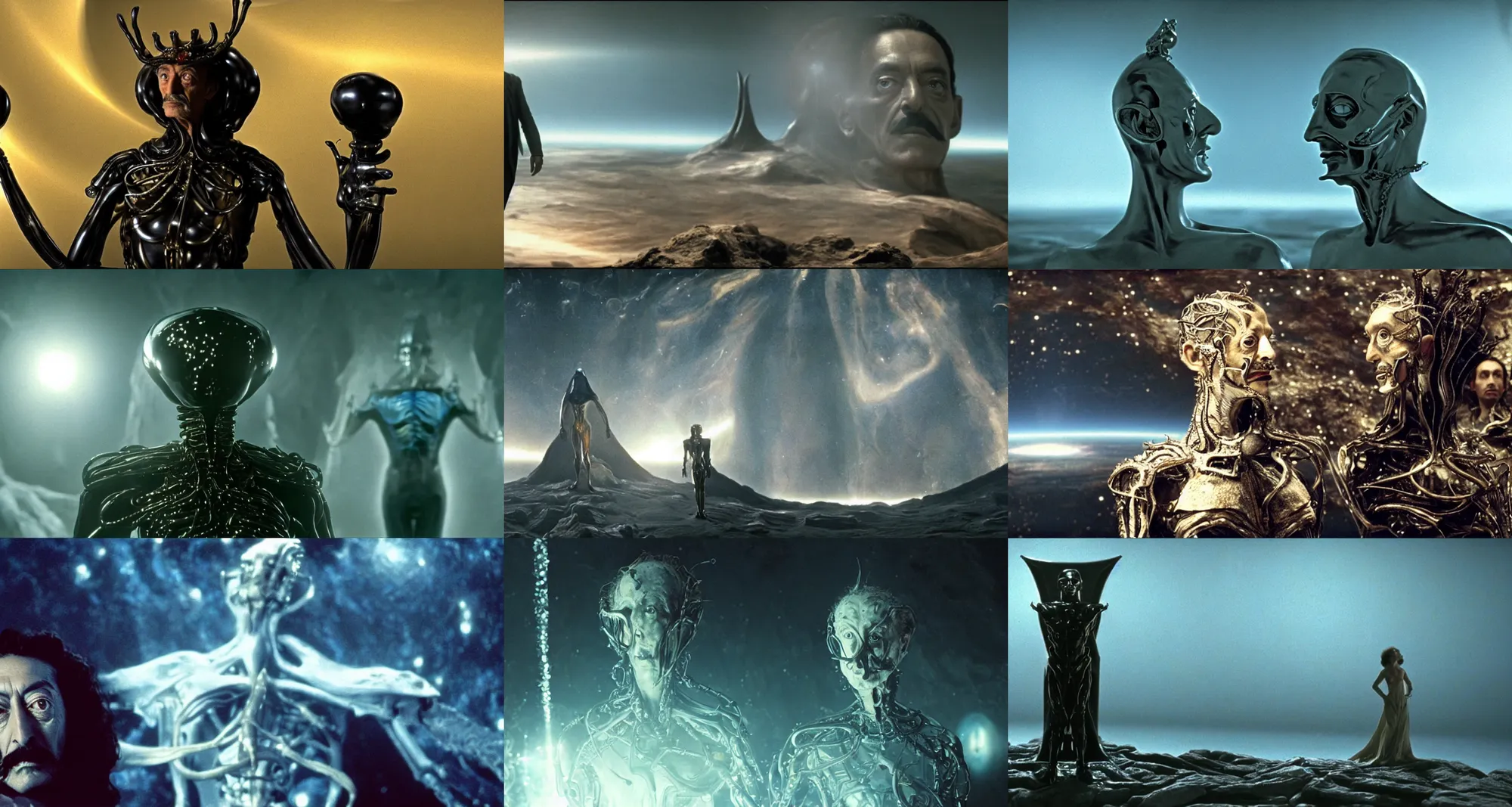 Prompt: the full body shot of very arrogant salvador dali in the role of emperor of universe looking at the cosmic space | still frame from the prometheus movie by ridley scott with cinematogrophy of christopher doyle and art direction by hans giger, anamorphic bokeh and lens flares, 8 k, higly detailed masterpiece