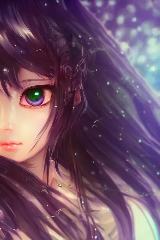 Prompt: adorable young cute anime elf girl, long black hair, fantasy armor. full body shot, symmetrical face. symmetrical detailed defined eyes. beautiful lineart. bokeh pixiv # 1 ranking depth focus, chromatic aberration, noise, soft lighting, srgb, 4 k, cinematic