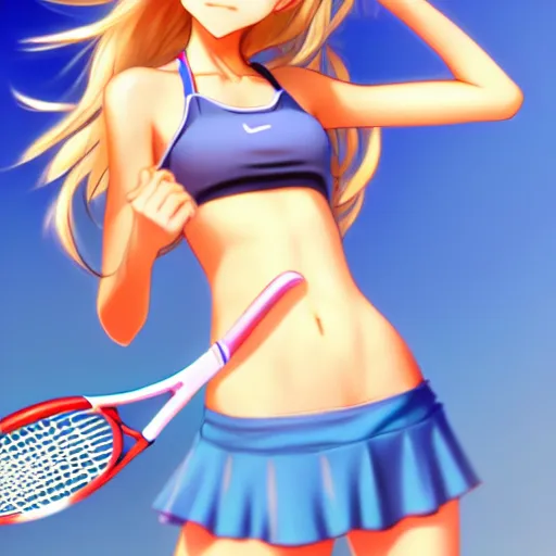 Image similar to a very beautiful young anime tennis girl, full body, long wavy blond hair, sky blue eyes, full round face, short smile, bikini, miniskirt, highly detailed, cinematic wallpaper by stanley artgerm lau